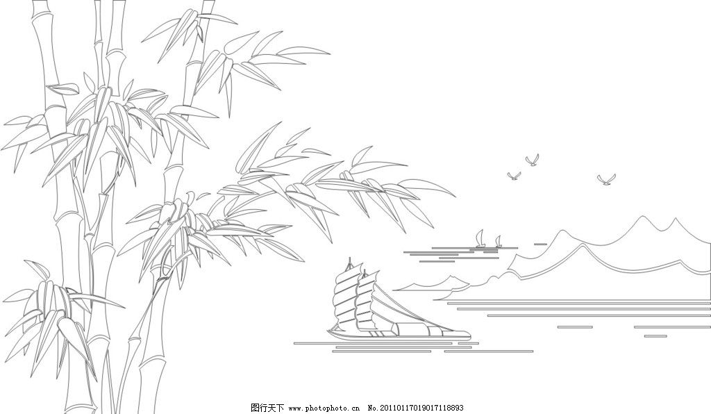 江南风韵 雕刻 镂空 竹子 风景 背景墙 矢量 玻璃雕刻 矢量刻绘图库