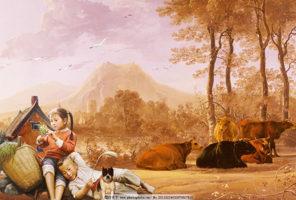 油画风景 小放牛 山水画 山水油画 油画 油画山水 风景画 风景油画 油画人物 姐姐 弟弟 男孩 女孩 篓 房子 茅屋 大树 树林 牛 仙鹤 大雁 河流 湖泊 鲜花 石头 绿草 朝霞 祥云 蓝天白云 世外桃园 人间仙境 山村风景 风景 PSD分层素材 源文件 300DPI PSD