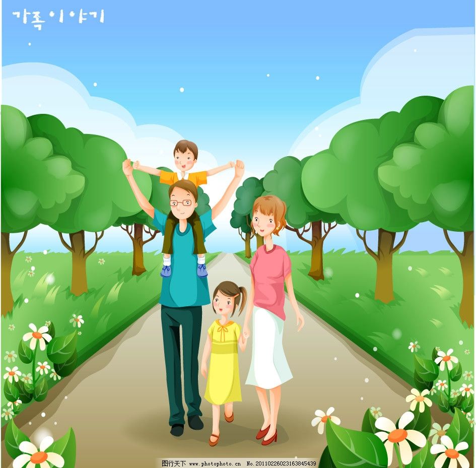 公园散步的幸福一家人 卡通人物 卡通家庭 卡通风景 幸福生活 快乐生活 休闲生活 享受生活 爸爸 妈妈 孩子 全家 一家人 甜蜜家庭 快乐家庭 幸福家庭 和睦家庭 卡通家庭主题 日常生活 矢量人物 矢量 AI