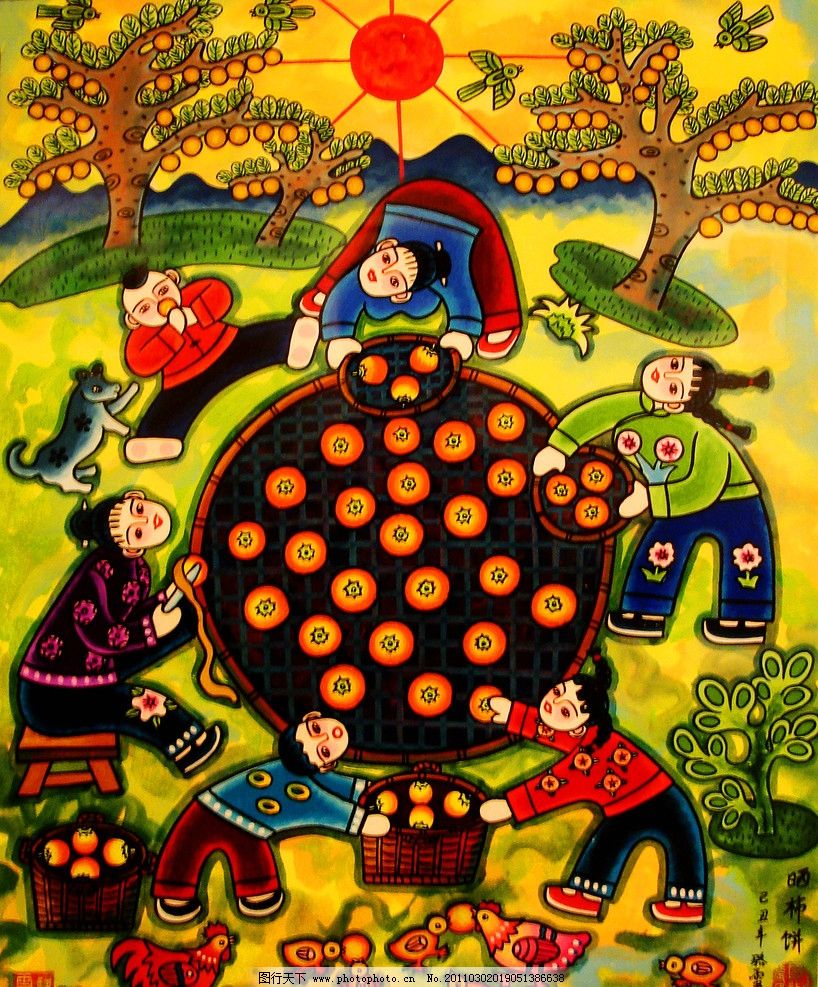 晒柿饼图片,美术 绘画 中国画 工笔画 农民画 工